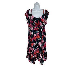Torrid Hanky Hem Ruffle Skater Midi Dress Gauze Floral Black Women's Size L